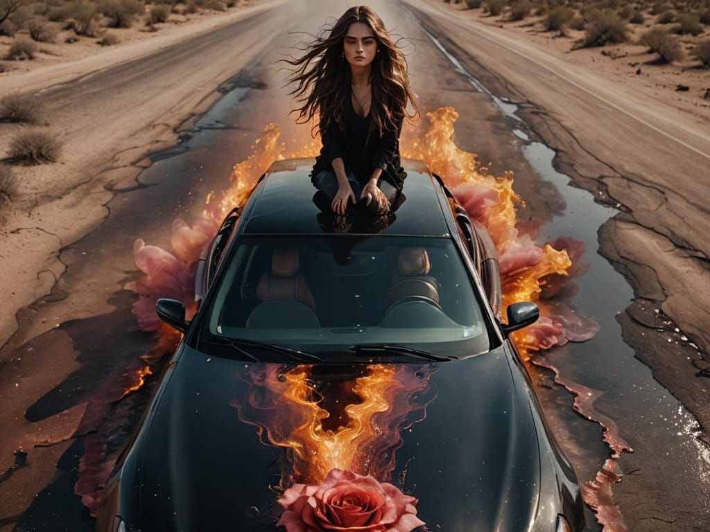 Woman on Car in Desert, Cinematic Photograph