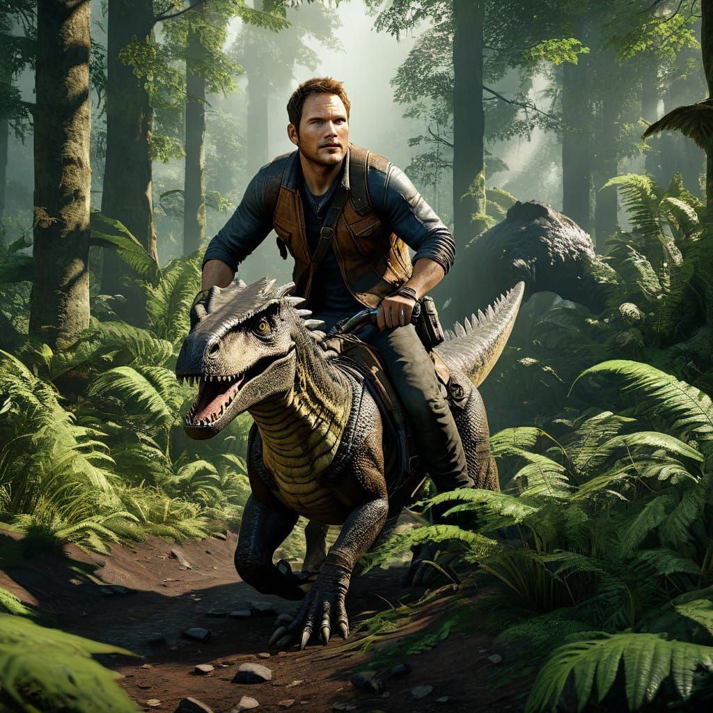 Owen Grady Rides a Majestic Velociraptor in the Woods