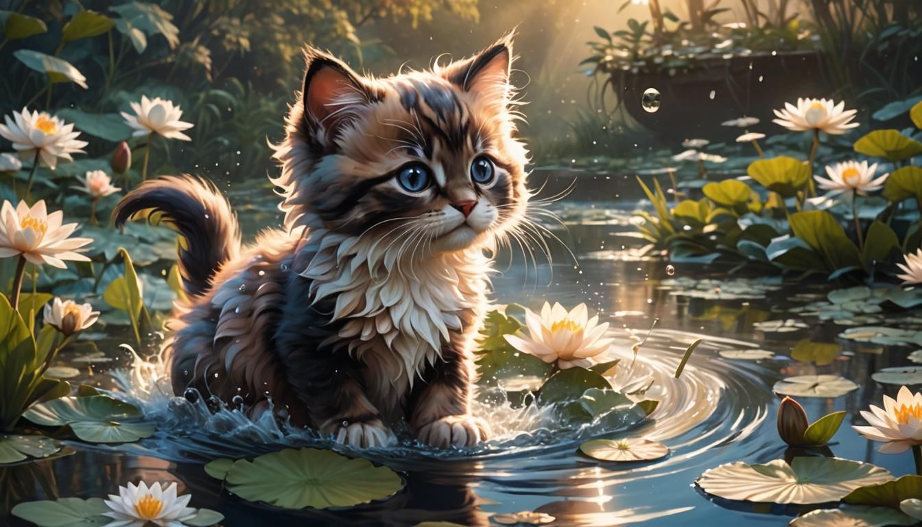 Silhouette of Kitten with Pond Lilies in Digital Painting