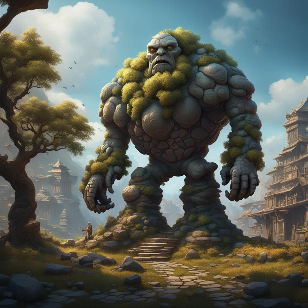 Friendly Giant Stone Golem with Tree and House