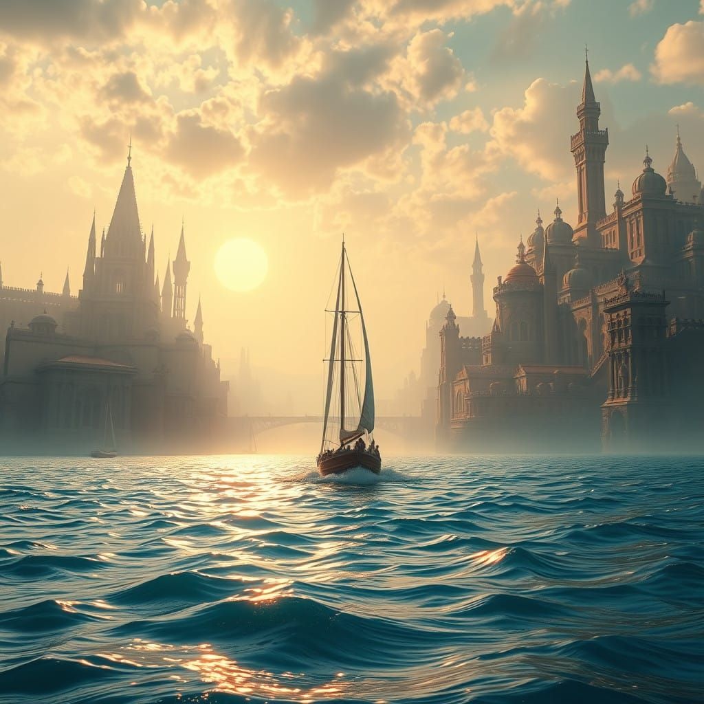 Majestic Sailboat Glides Across Turquoise Sea with Dreamlike...