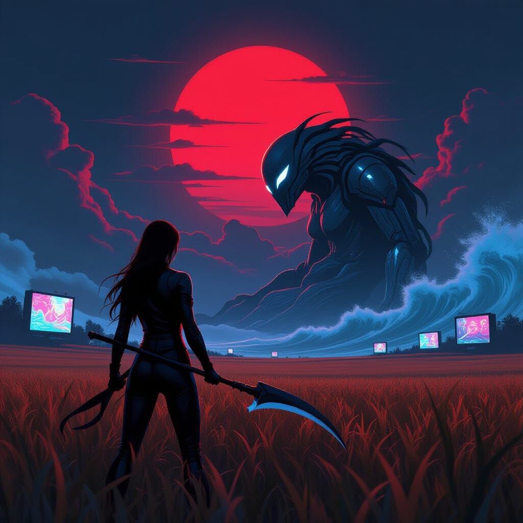 Vaporwave Woman with Sickle and Steel Monster