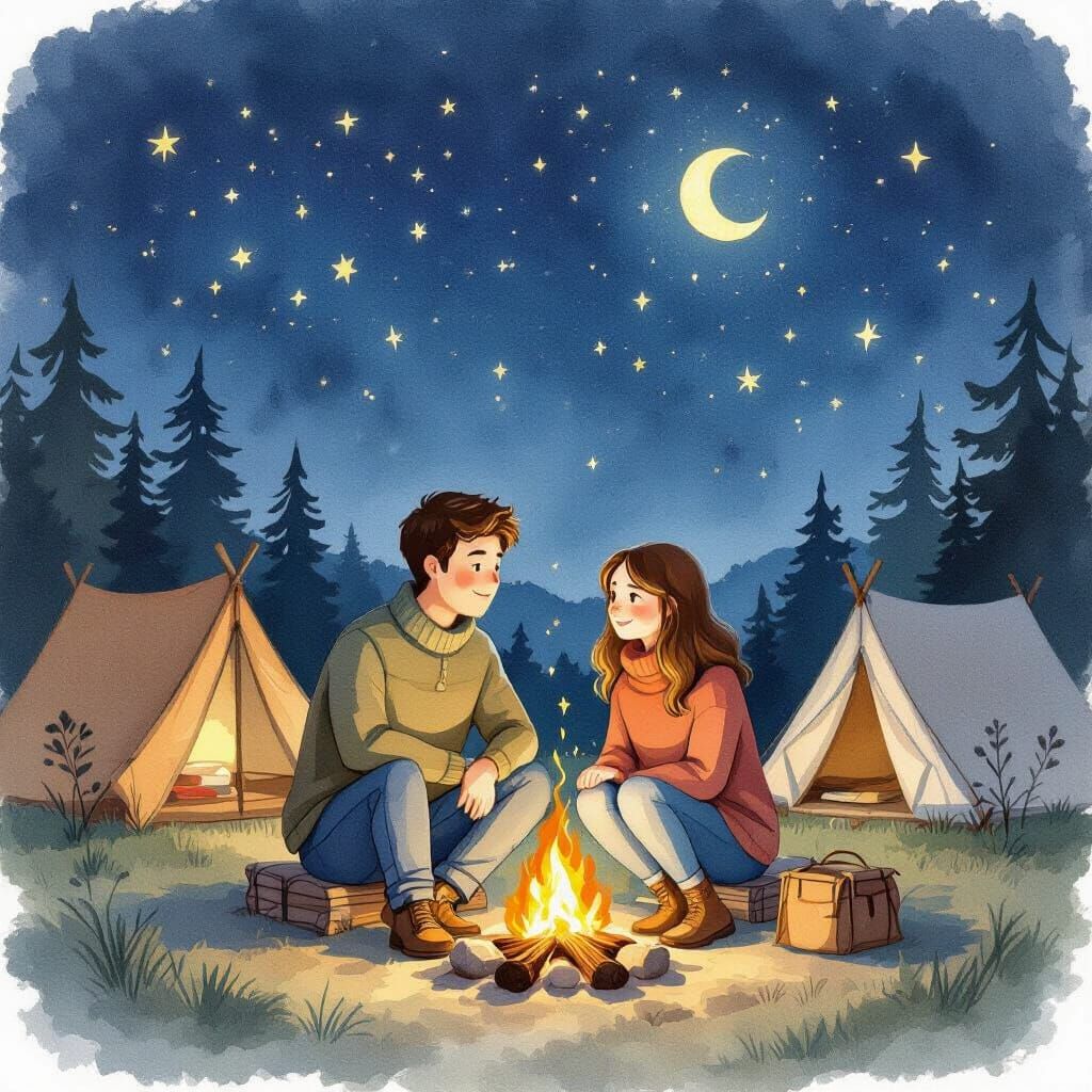 Cozy Campsite Under Starry Sky in Whimsical Style
