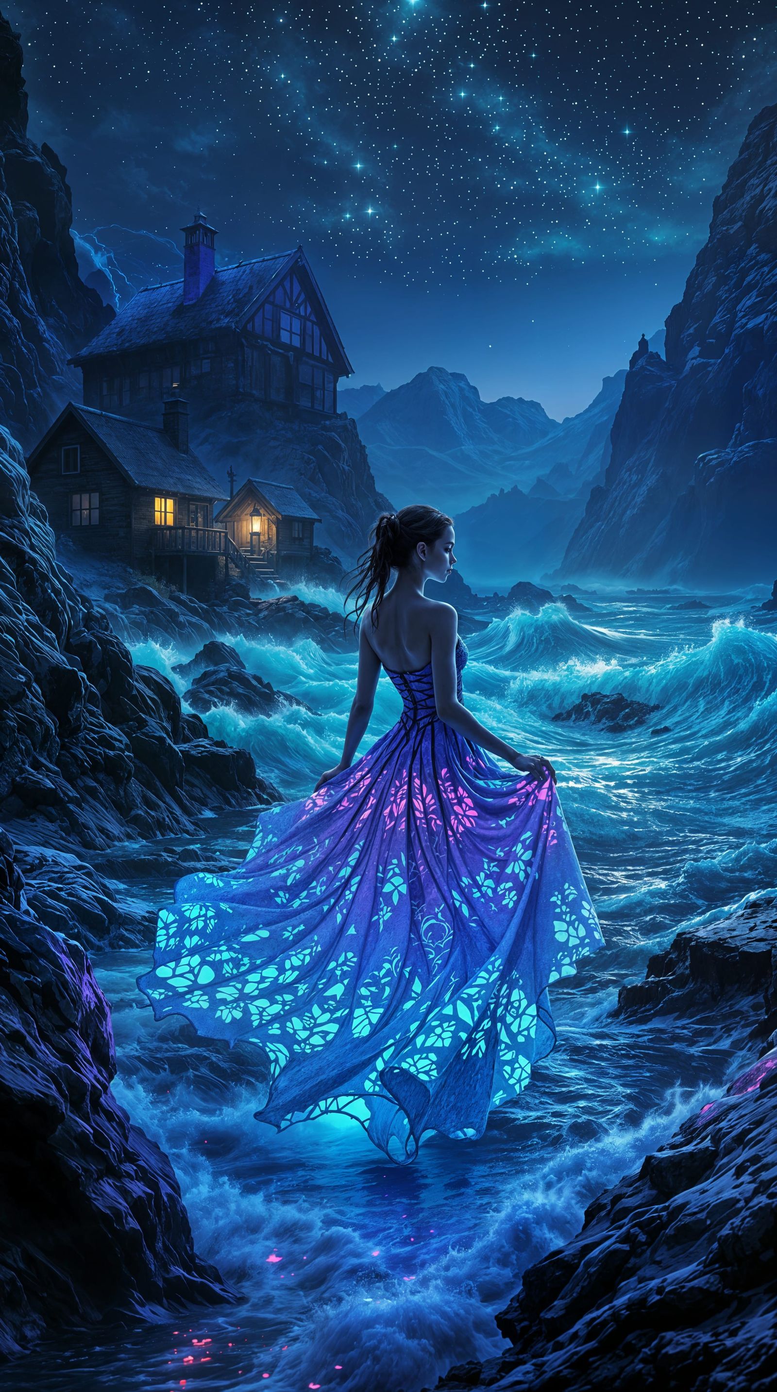 Surreal Gothic Beauty Amidst Neon Waves
