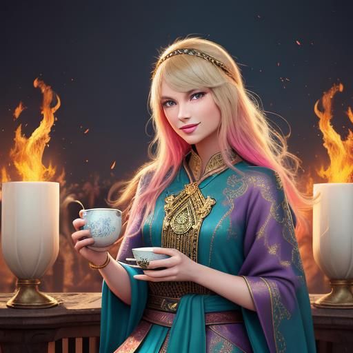 Mystical Phoenix Woman Celebrates with Tarot Cards