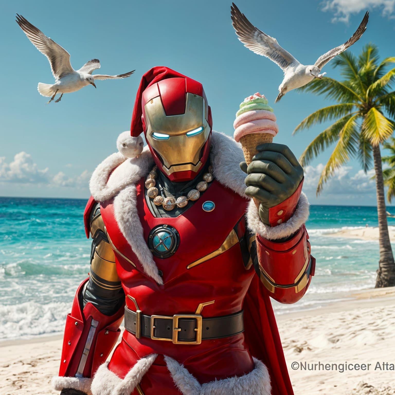 Ironman in Santa Attire on a Serene Beach