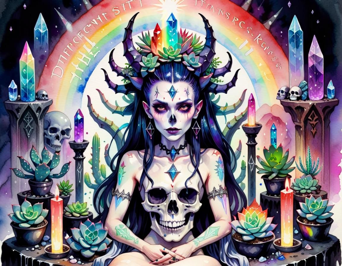 Gothic Demoness on Skull Throne with Crystals