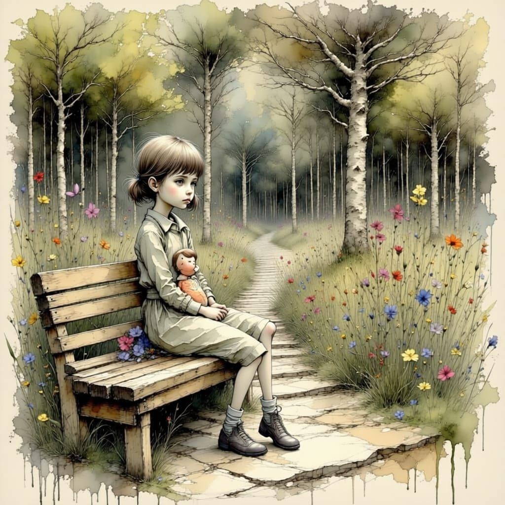 Sad Girl on Park Bench with Rag Doll