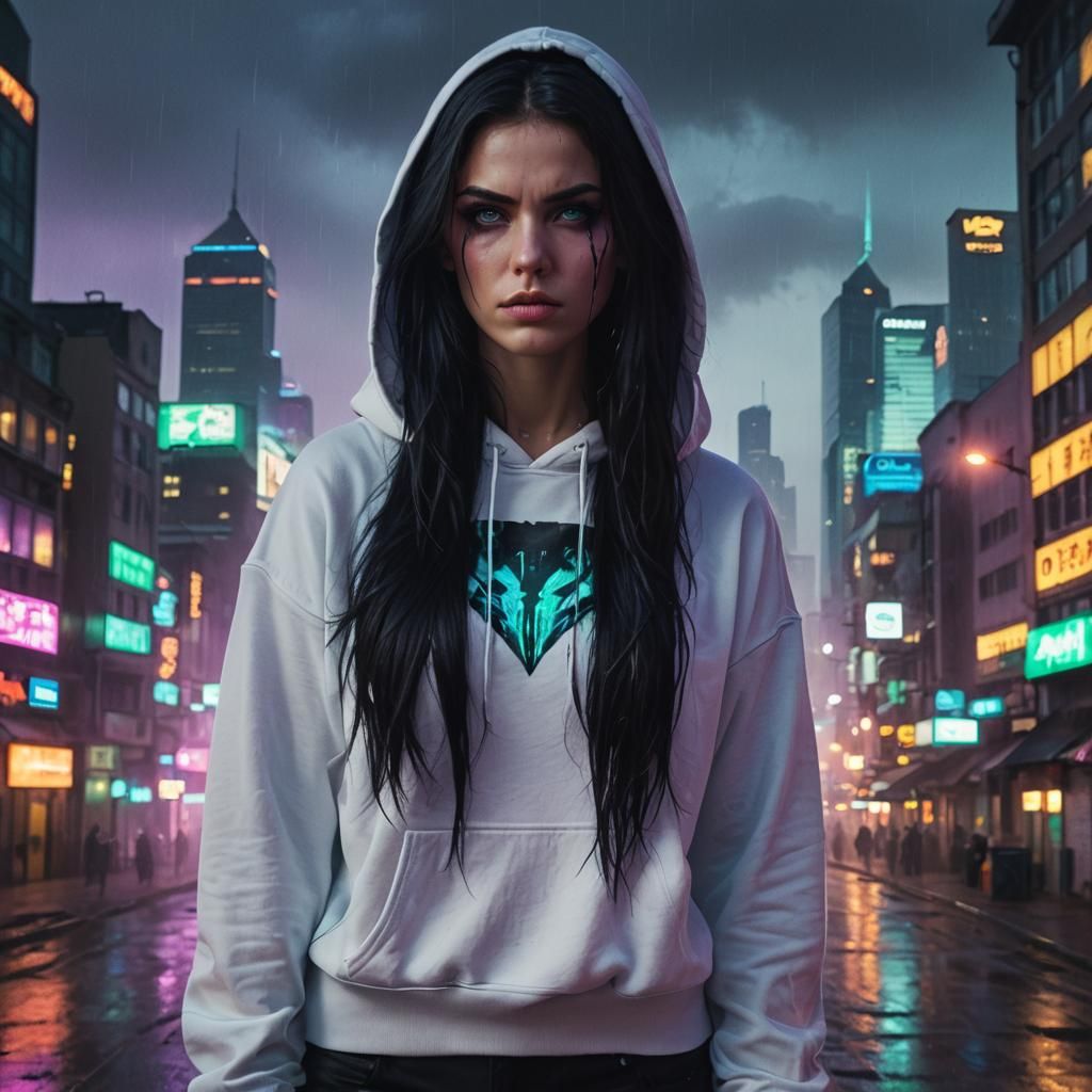 Neon Gothic Girl in Dark Fantasy Cityscape