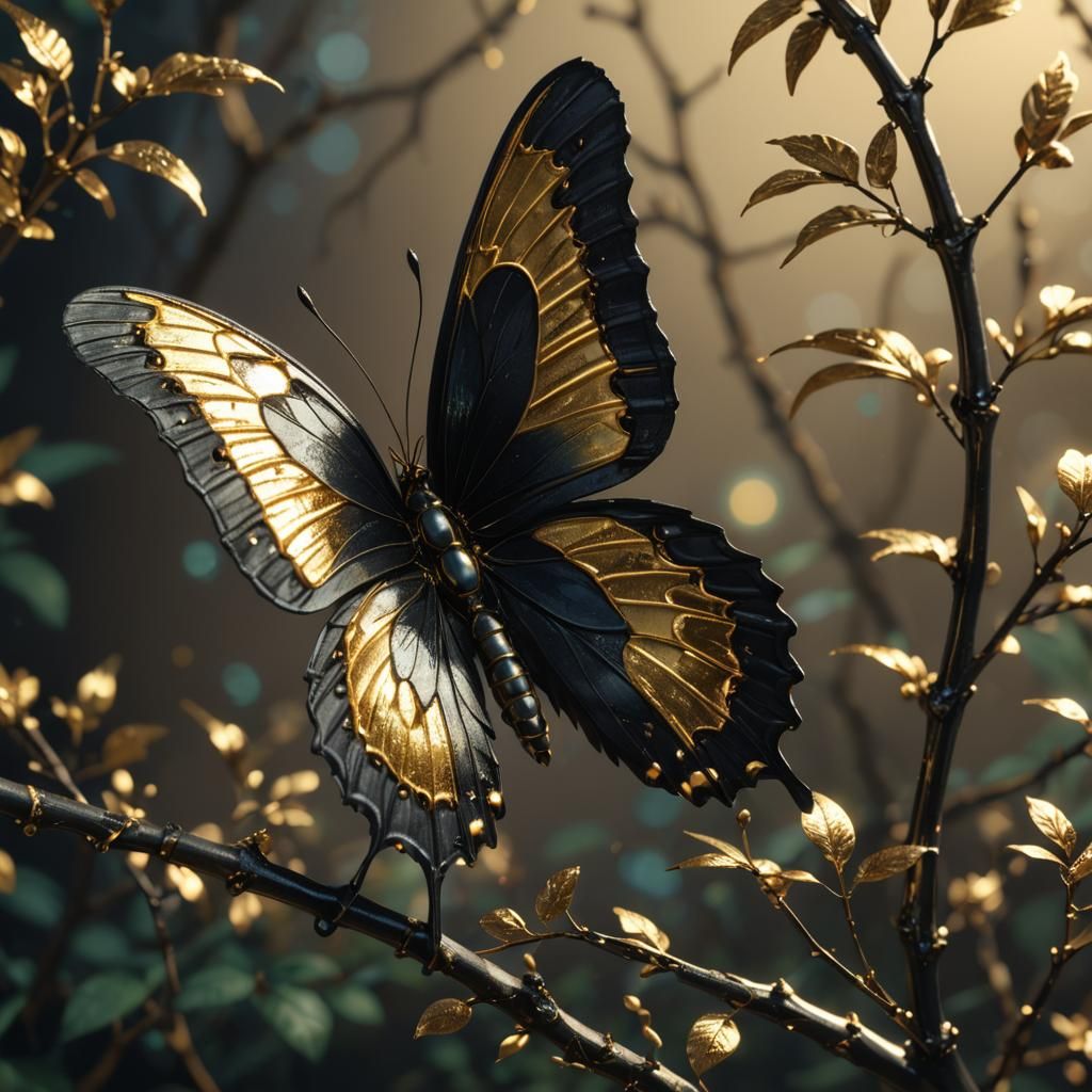 Black and Gold Butterfly in Anime Style