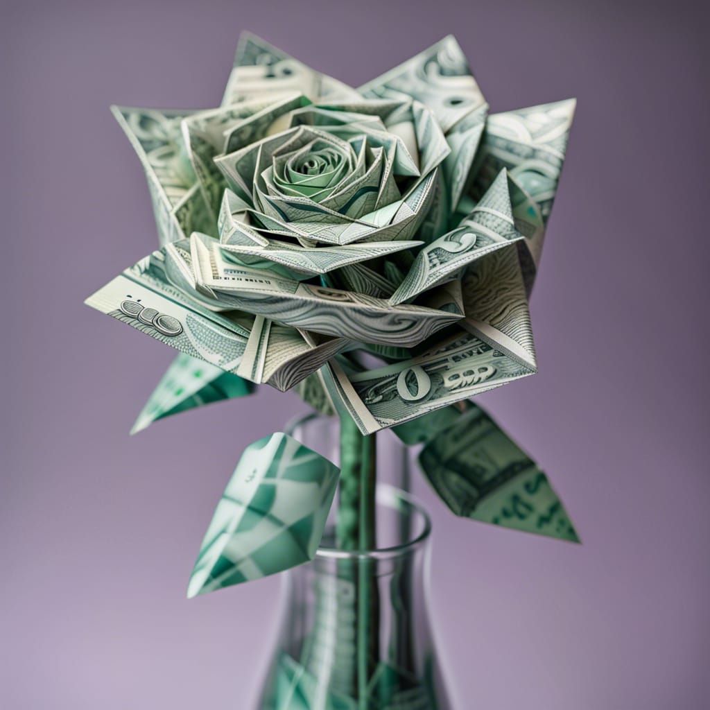 Origami Dollar Rose in Glass Vase: Hyperrealistic Art