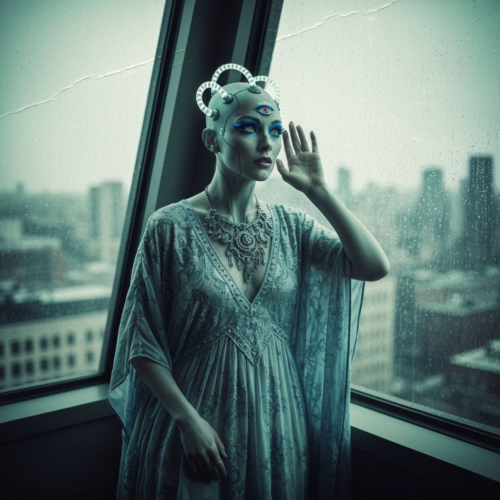 Art Deco Alien Cyborg Starlet Listening at Window