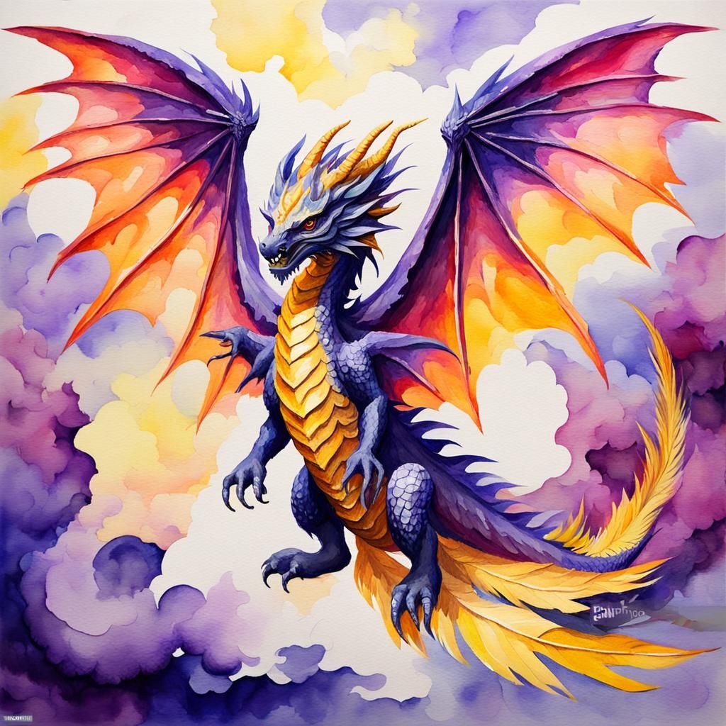 Watercolor Dragon with Feathered Wings in Gouache Style