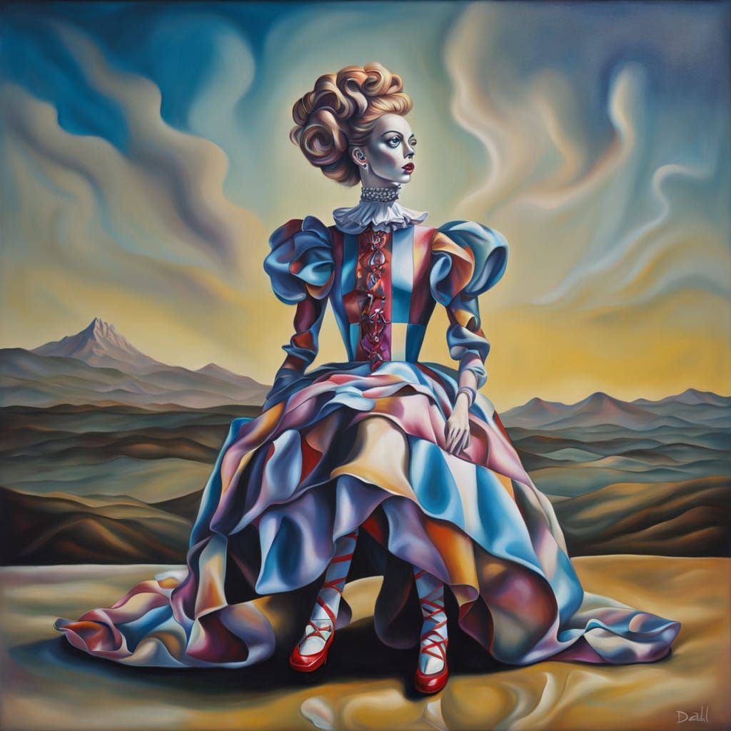 Surreal Harlequin Barbie Melting in Dreamlike Oil Painting