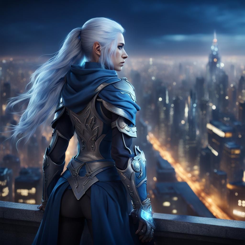 Female Defender Over Cityscape: Fantasy Concept Art