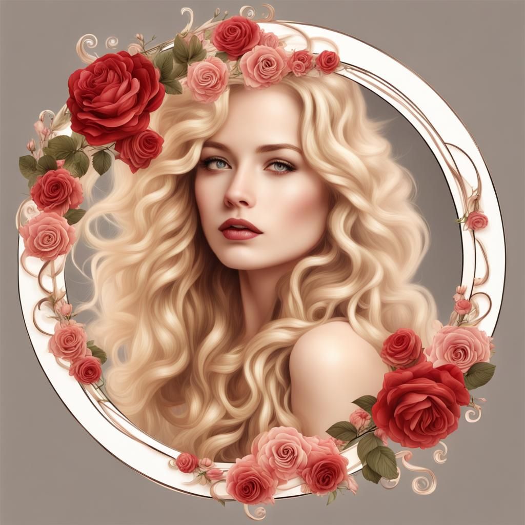 Blonde Woman Portrait with Roses and Swirls