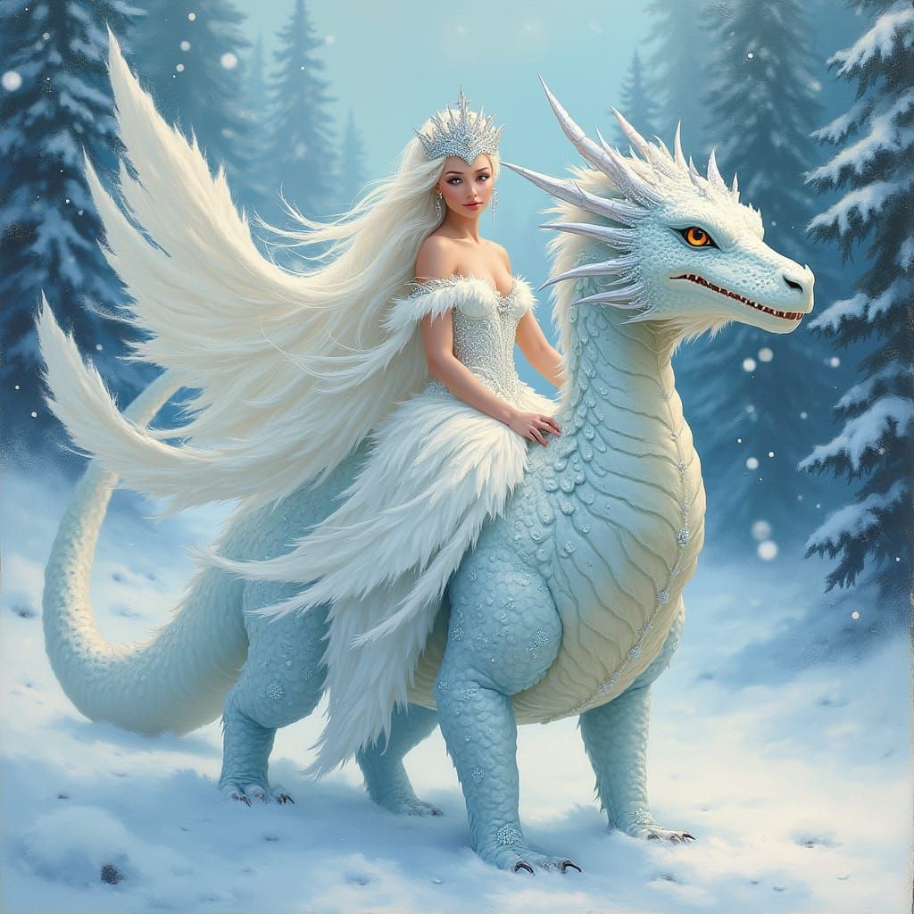 Regal Snow Queen Rides Majestic Ice Dragon in Enchanting Win...