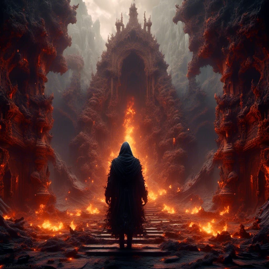 Hooded Figure Enters Hell's Gate: Dark Fantasy Art