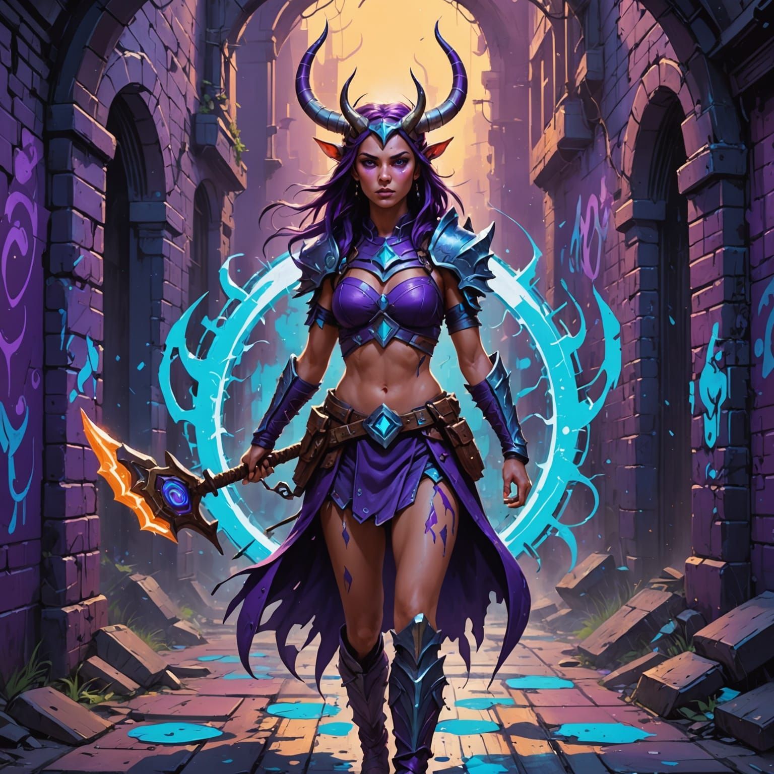 Dark Elf Warrior Enters Portal in Vibrant Street Art Style