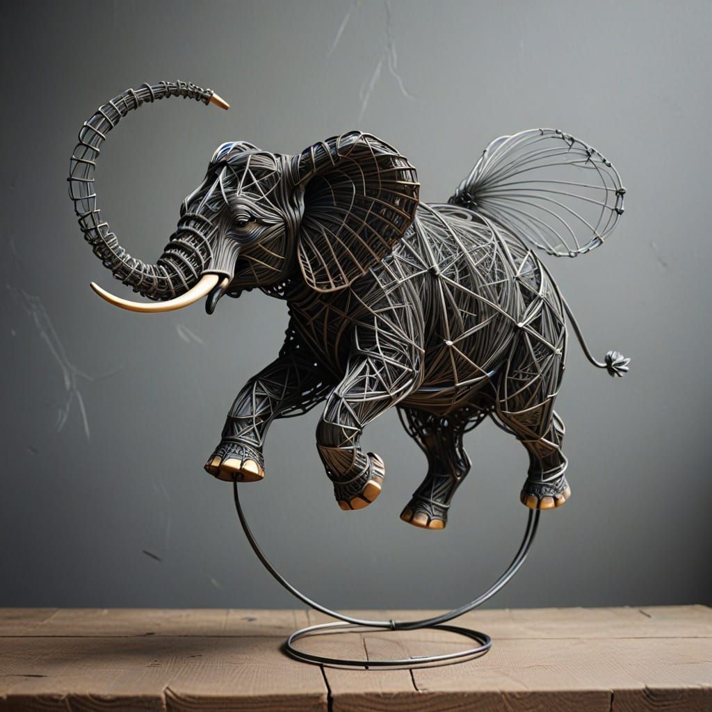 Abstract anti gravity flying elephant made from twisted wire