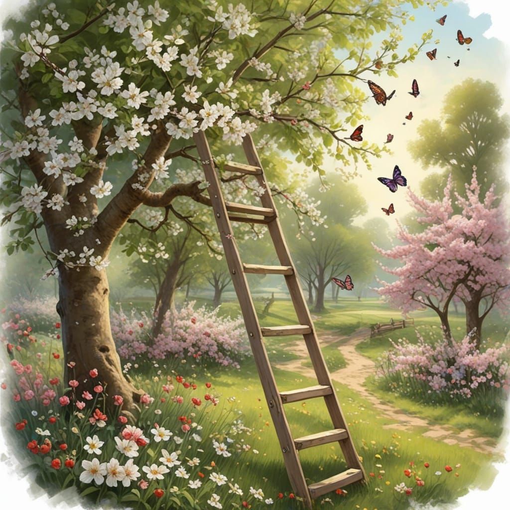 Blossoming Orchard with Butterflies in Spring