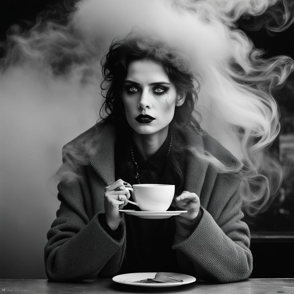 Gothic Model in Ocean Fog: Black and White Photography