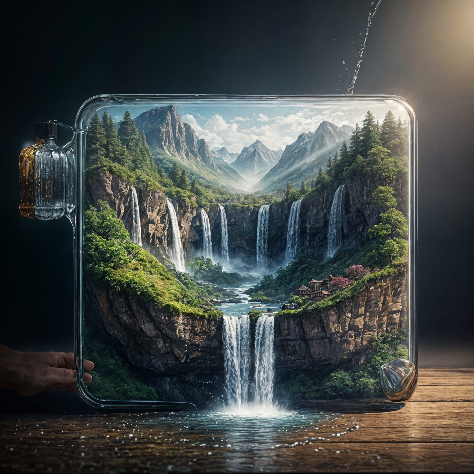 Mountain Valley Waterfall Inside Glass Bottle: Hyperrealisti...