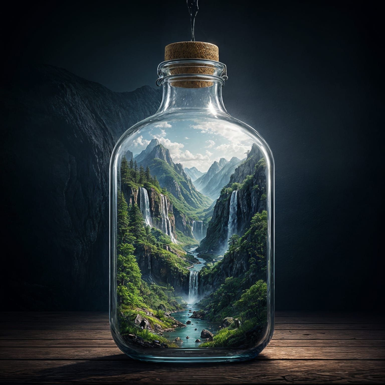 Mountain Valley Waterfall Inside Glass Bottle