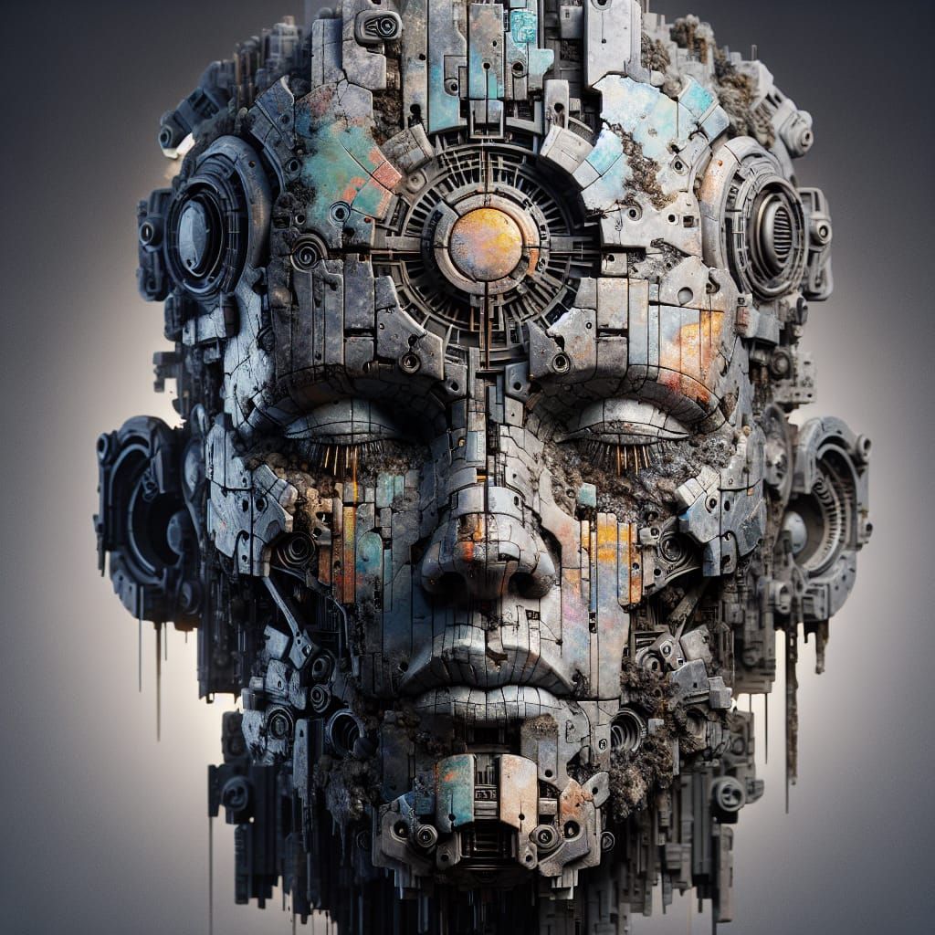 Decaying Arcological Sentinel Face in Brutalist Futurism