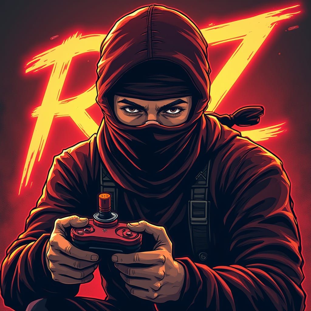 Confident Ninja Holding Joystick with RZ Letters in Neon Col...