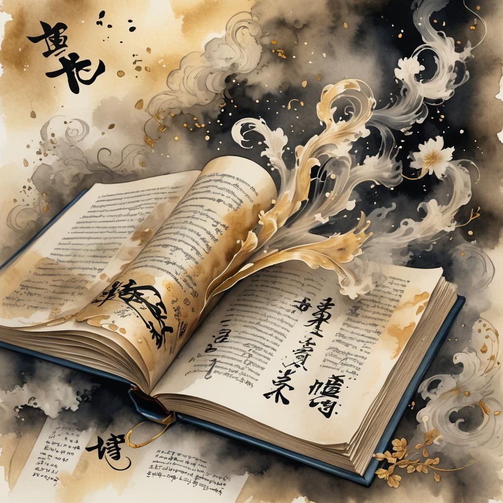 Whimsical Ink Art: Open Book with Calligraphy