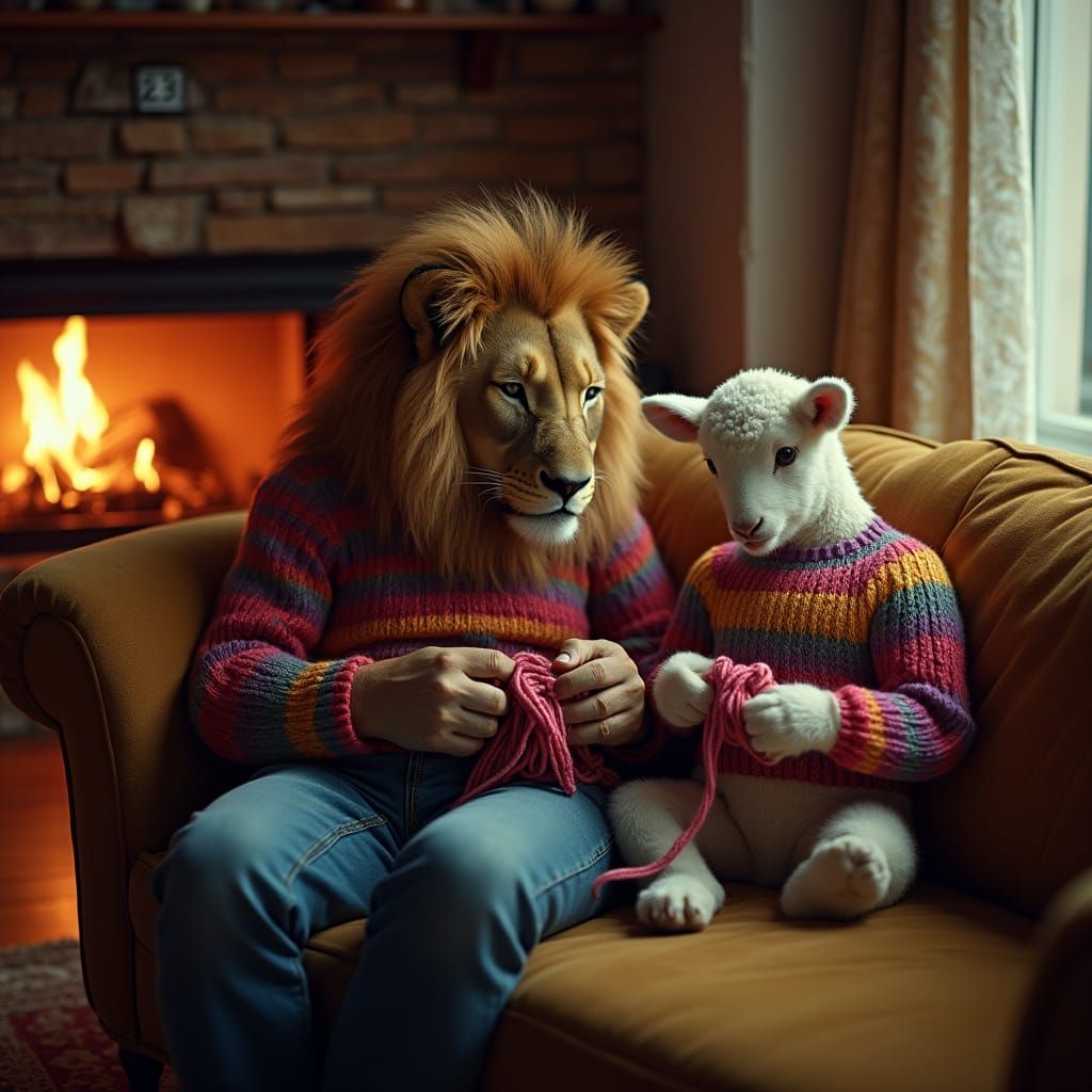 Lion and Lamb Knit Sweaters by Firelight