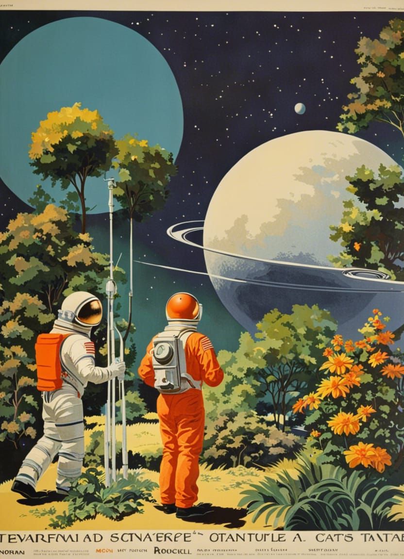 Vintage Saturn Moon Travel Poster, Rockwell Style