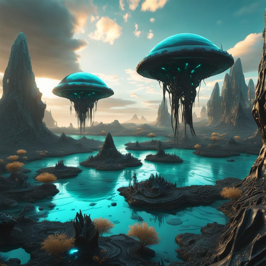 Detailed Alien Landscape with Floating Islands in Teal