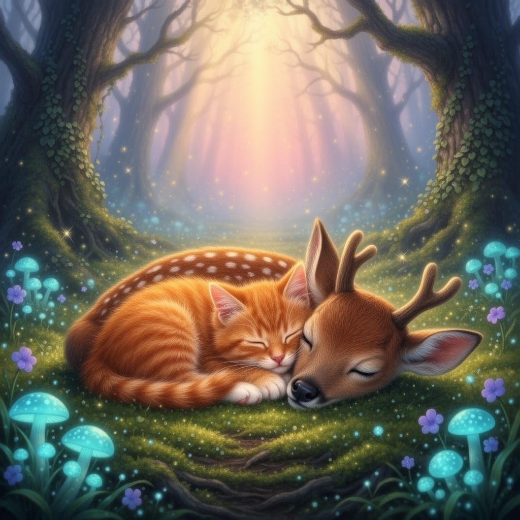 Kitten and Deer Sleep in Enchanted Forest