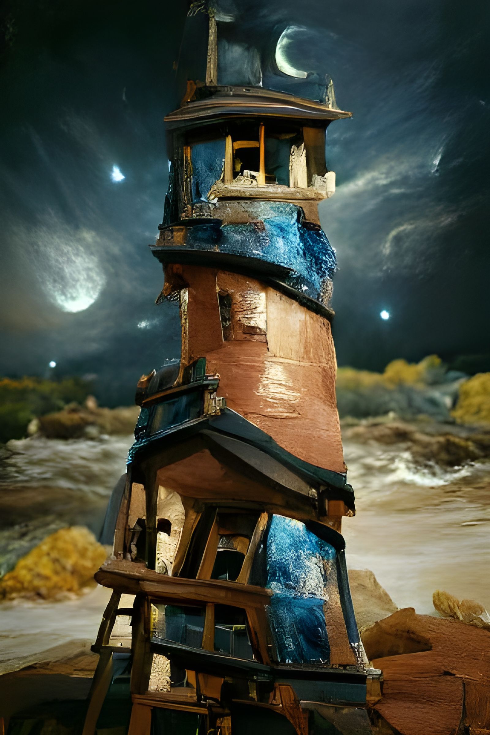 Beautifully lit Fantasy lighthouse made of clay