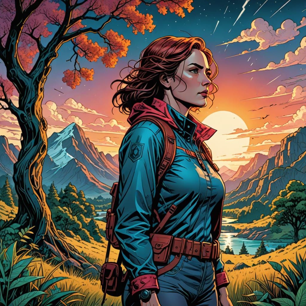 A Woman in Nature, Radiant in Comic Book Style