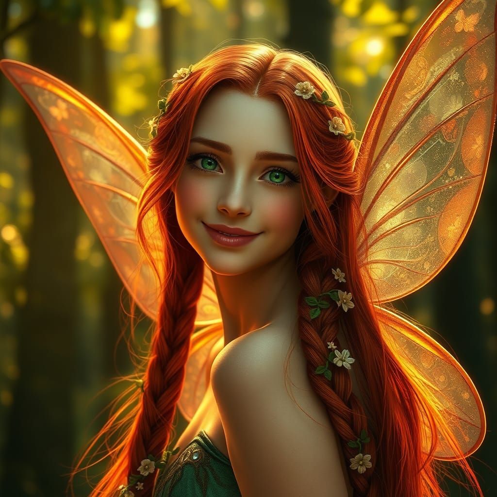 A female fairy with long red braids hair and green eyes is smiling in the forest.
