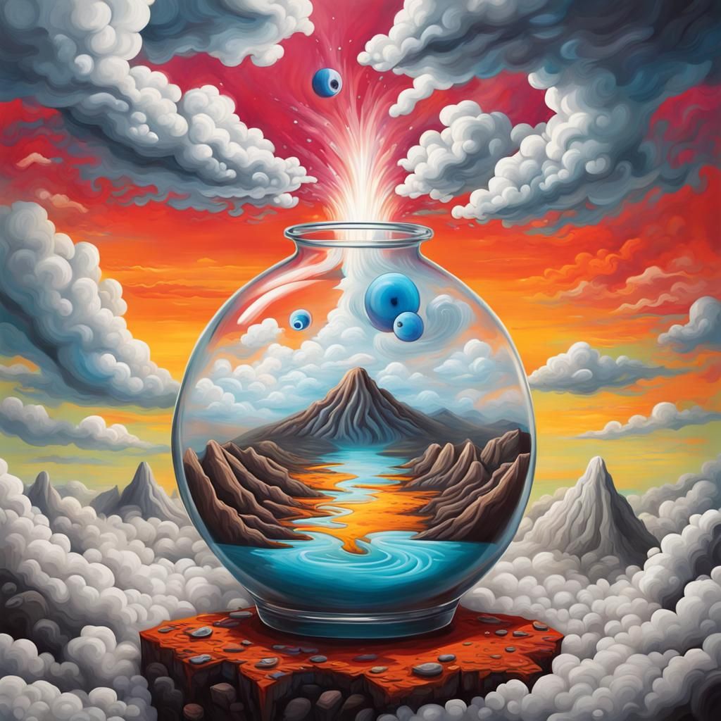 Surreal Eyeballs Above Volcano in Graffiti Style