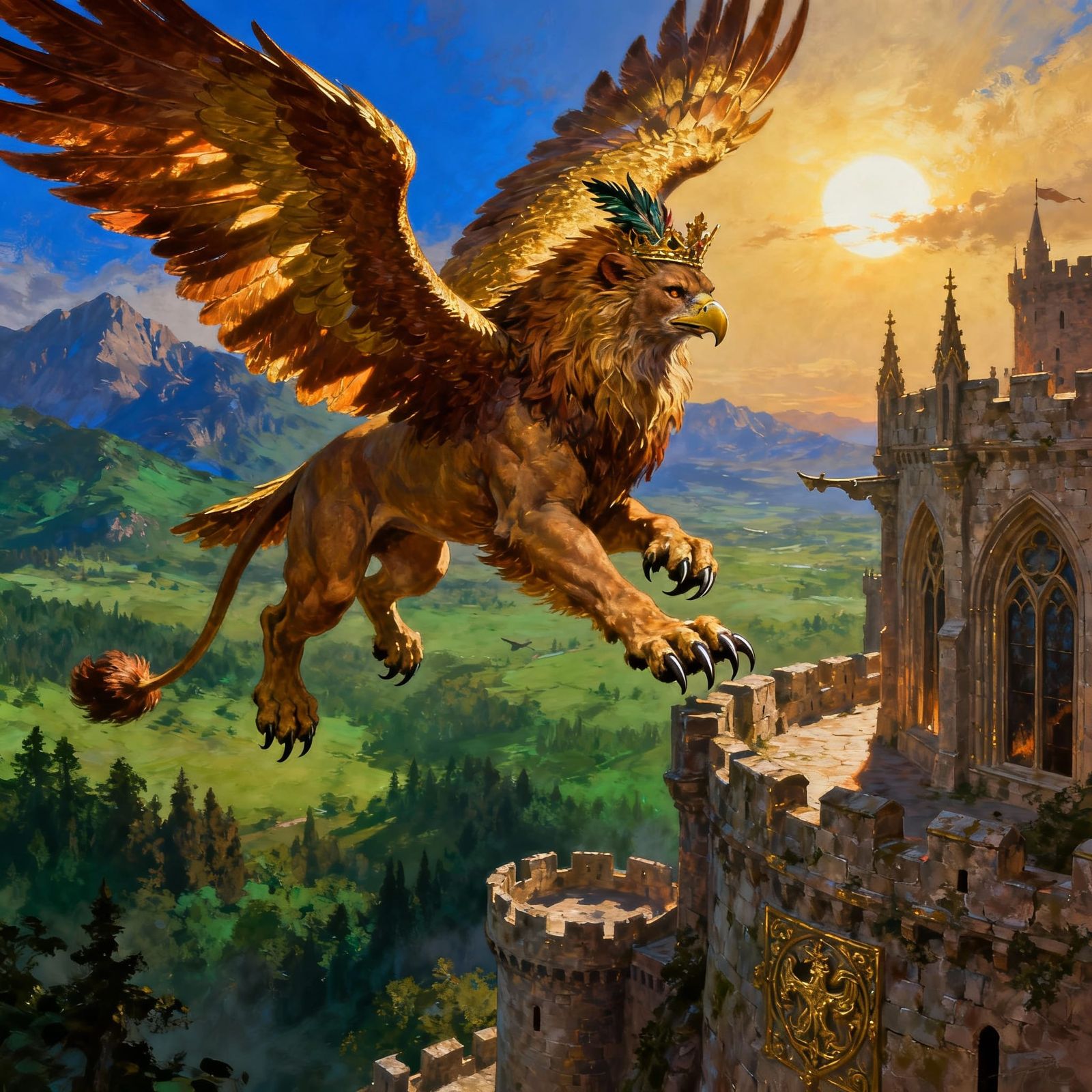 Majestic Griffin Soars Over Medieval Castle