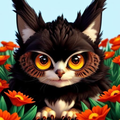 Cute Monster Cat in a Flower Field