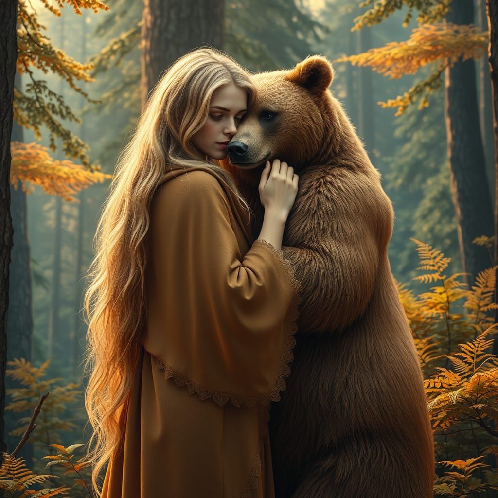 Serene Lady Embraces Majestic Brown Bear in Whimsical Art No...