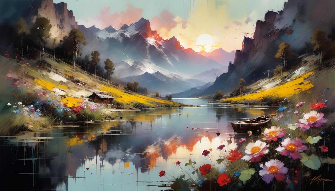 Mountain Lake Sunset: Detailed Fine Art Painting