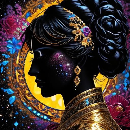 Jewel-Toned Silhouette Art of Woman's Profile