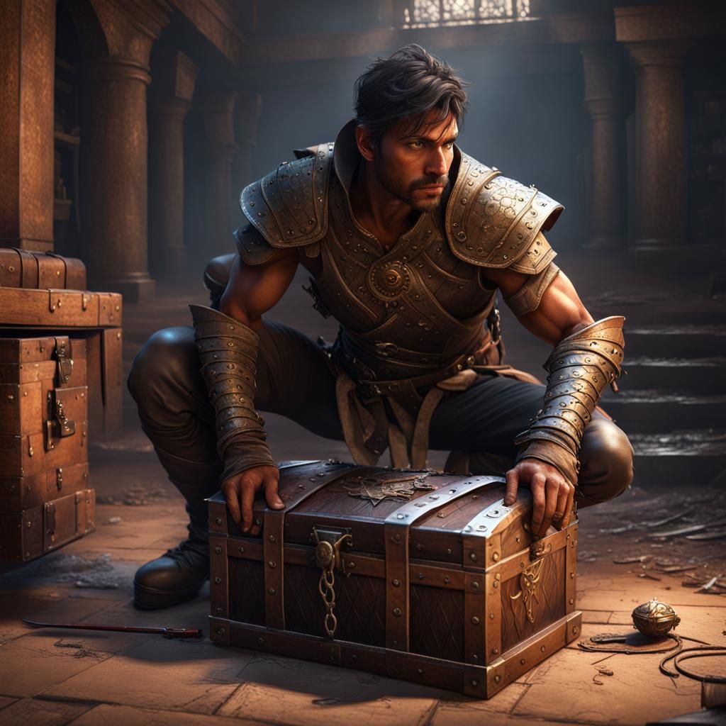 Indian Thief Inspecting Treasure Chest, Dark Fantasy Art