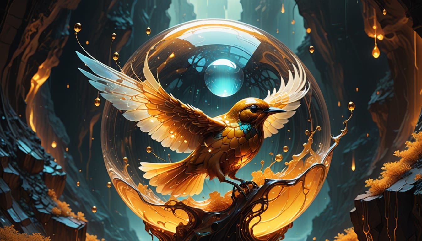 Honey Bird in Amber: Surreal Digital Art
