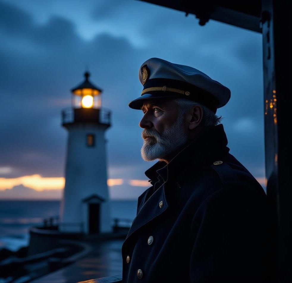 Solitary Lighthouse Keeper in Stormy Twilight