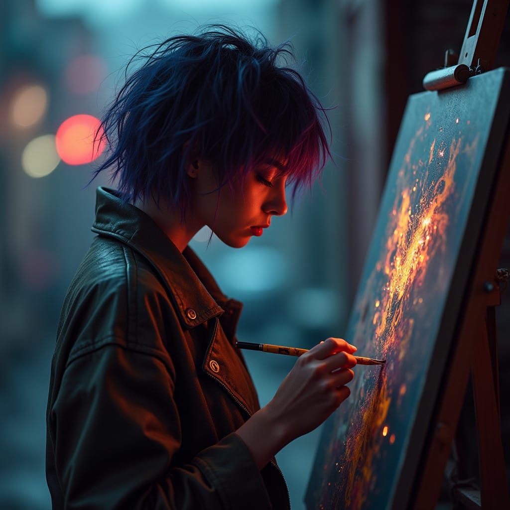 Cyberpunk Artist at Work in the Evening
