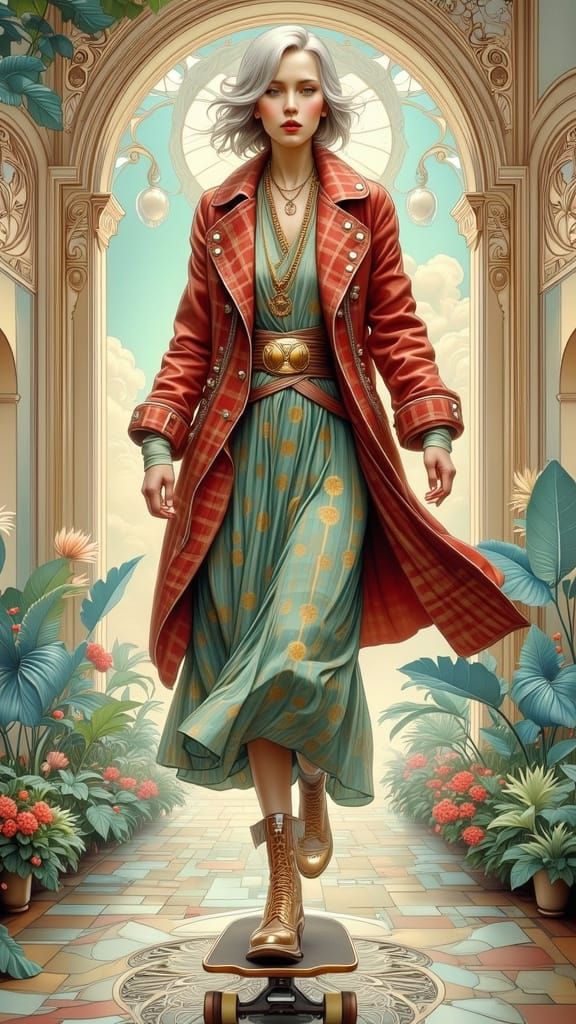 Art Deco Woman Skateboarding in Futuristic Cityscape