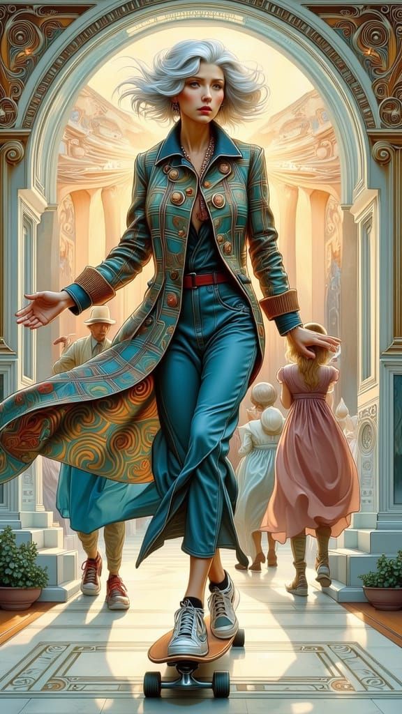 Art Deco Woman Skateboarding in Futuristic Cityscape